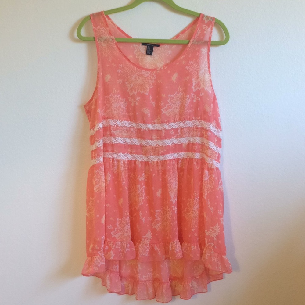 F21 boho trapeze slip dress pink ruffle & lace